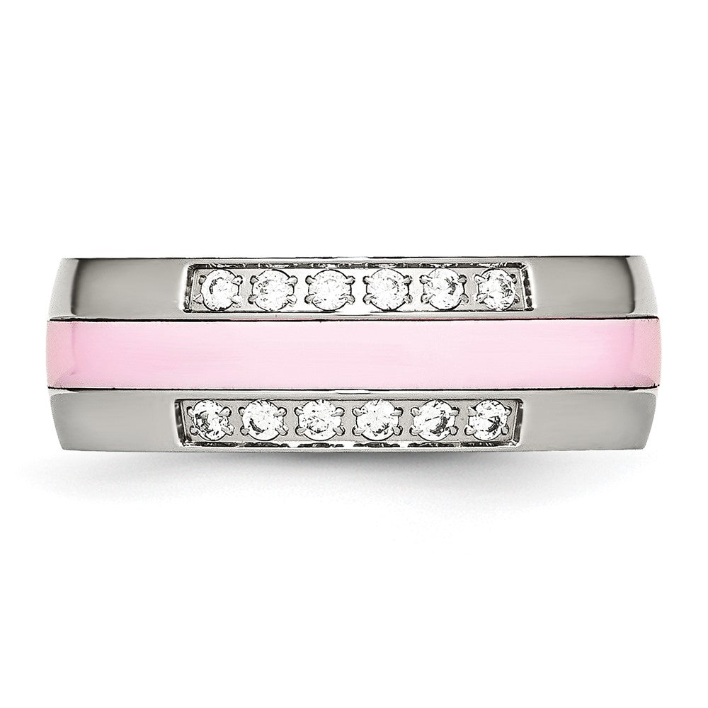 Edelstahl Poliert Rosa Keramik Zirkonia Ring