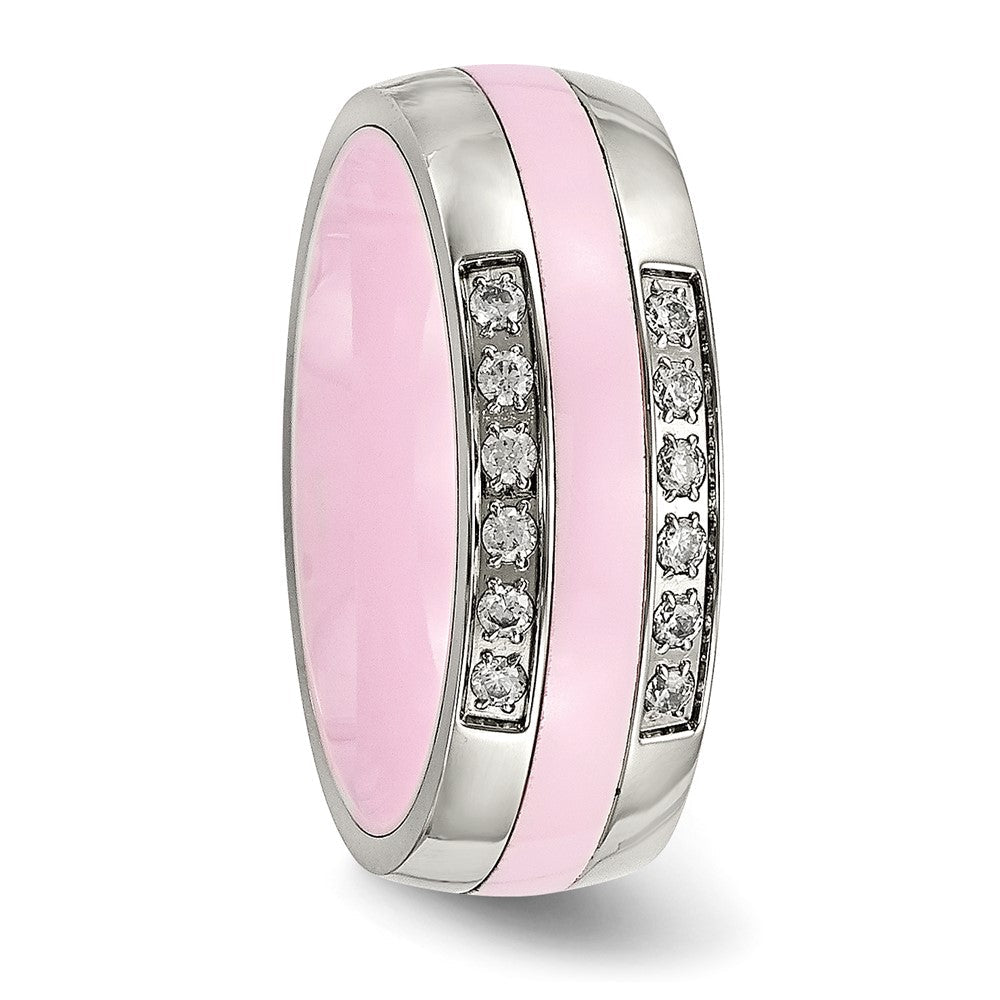 Edelstahl Poliert Rosa Keramik Zirkonia Ring