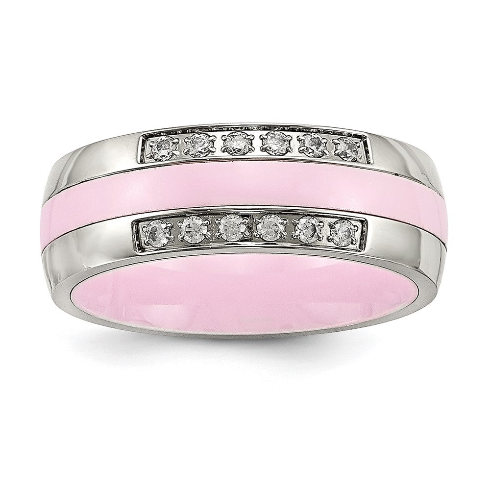 Edelstahl Poliert Rosa Keramik Zirkonia Ring