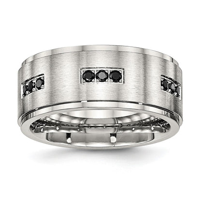 Edelstahl Poliert Gebürstet Mittig Schwarz Zirkonia 9mm Ridged Kante Ring
