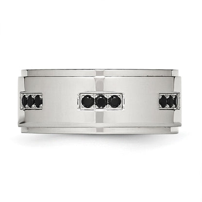 Edelstahl Poliert Schwarz Zirkonia 9mm Ridged Kante Ring