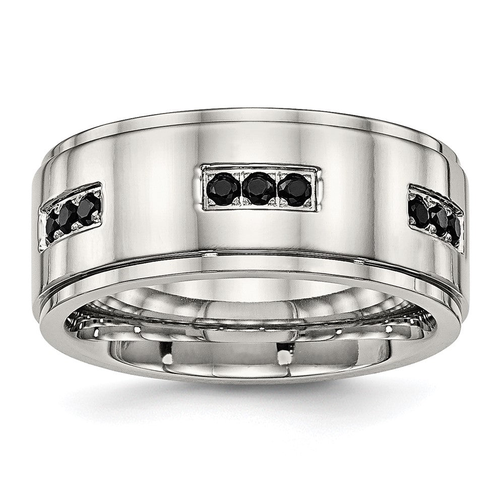 Edelstahl Poliert Schwarz Zirkonia 9mm Ridged Kante Ring