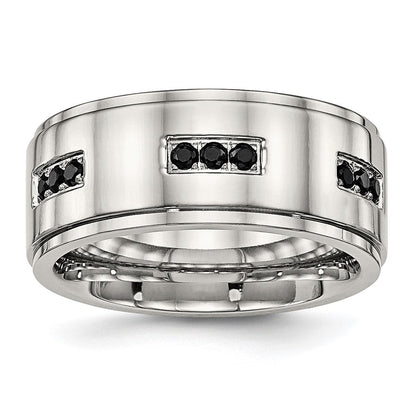 Edelstahl Poliert Schwarz Zirkonia 9mm Ridged Kante Ring