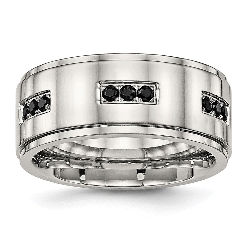 Edelstahl Poliert Schwarz Zirkonia 9mm Ridged Kante Ring