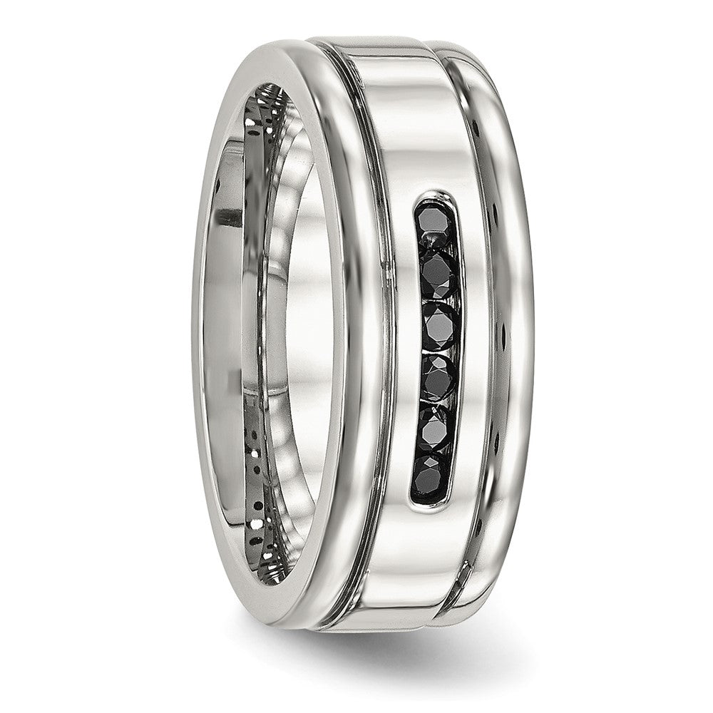 Edelstahl Poliert Schwarz Zirkonia 8mm Gerillt Ring