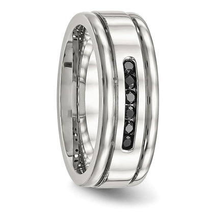 Edelstahl Poliert Schwarz Zirkonia 8mm Gerillt Ring