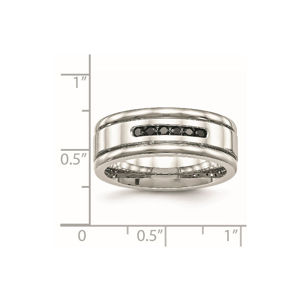 Edelstahl Poliert Schwarz Zirkonia 8mm Gerillt Ring