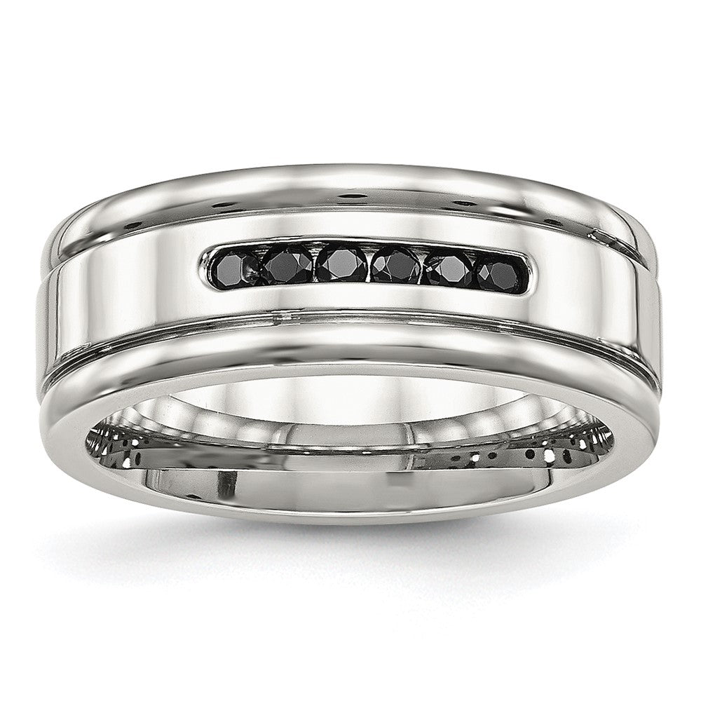 Edelstahl Poliert Schwarz Zirkonia 8mm Gerillt Ring