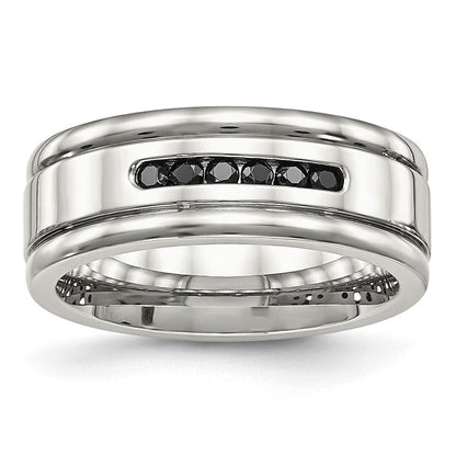 Edelstahl Poliert Schwarz Zirkonia 8mm Gerillt Ring