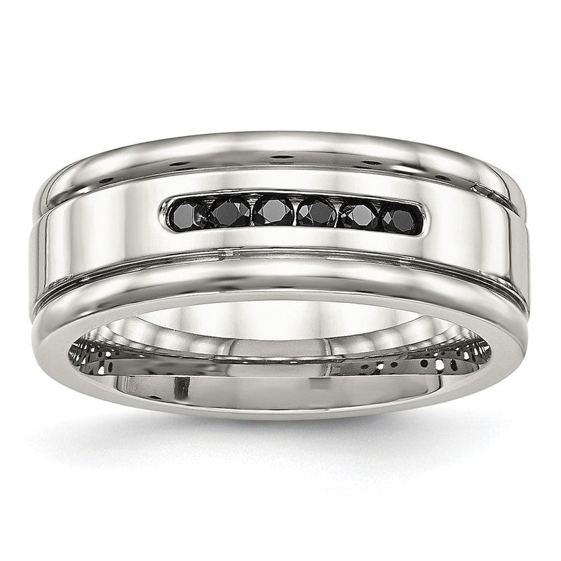Edelstahl Poliert Schwarz Zirkonia 8mm Gerillt Ring