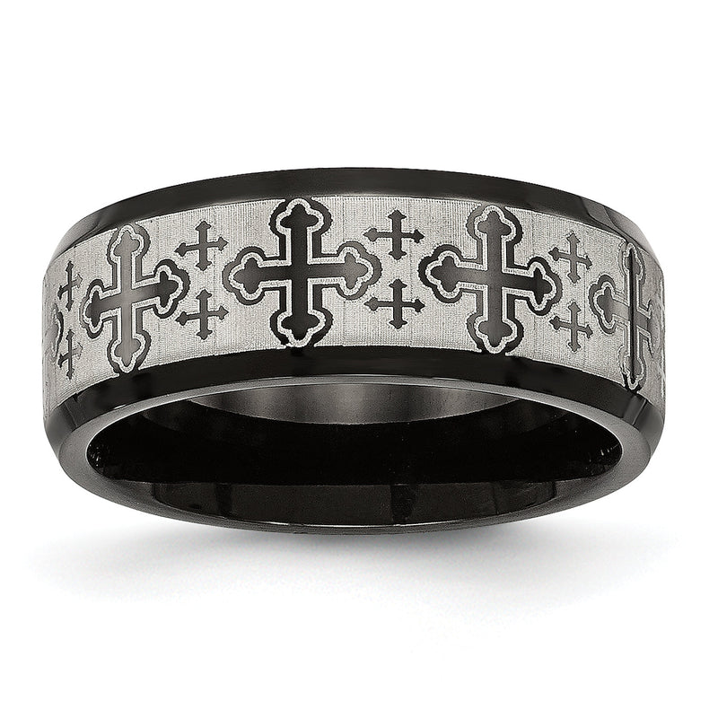 Edelstahl Gebürstet/polished Schwarz Ip Lasergraviert Geätzt Crosses 8mm Ring