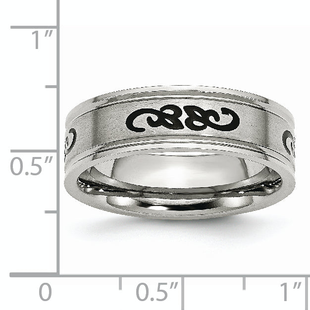 Edelstahl Gebürstet Schwarz Gummi Design 7mm Ridged Kante Ring