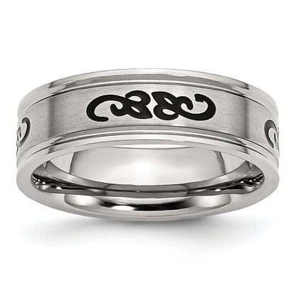 Edelstahl Gebürstet Schwarz Gummi Design 7mm Ridged Kante Ring
