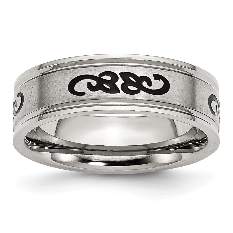 Edelstahl Gebürstet Schwarz Gummi Design 7mm Ridged Kante Ring