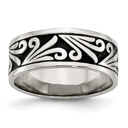 Edelstahl Antikisiert und Poliert Fantasie Design 8mm Ridged Kante Ring