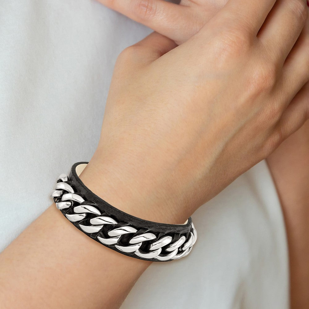 8.5 Zoll Edelstahl Schwarz Leder mit Kette 8.5 Zoll Armband