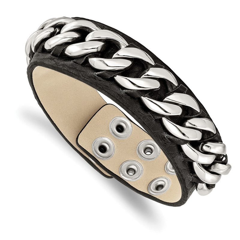 8.5 Zoll Edelstahl Schwarz Leder mit Kette 8.5 Zoll Armband