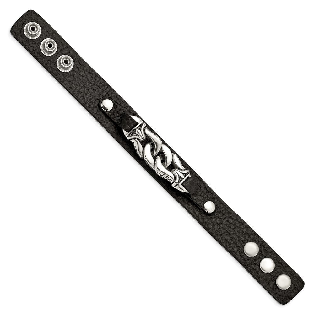 8.5 Zoll Edelstahl Schwarz Leder mit Antikisiert Kette 8.5 Zoll Armband