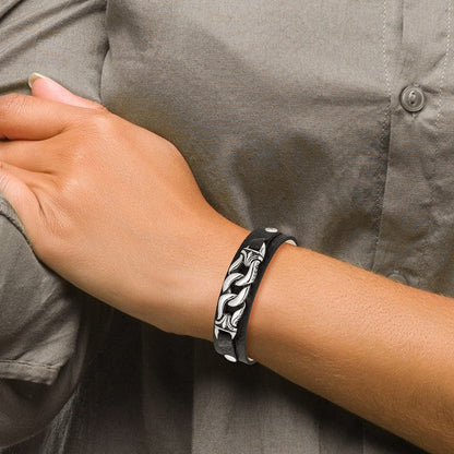 8.5 Zoll Edelstahl Schwarz Leder mit Antikisiert Kette 8.5 Zoll Armband