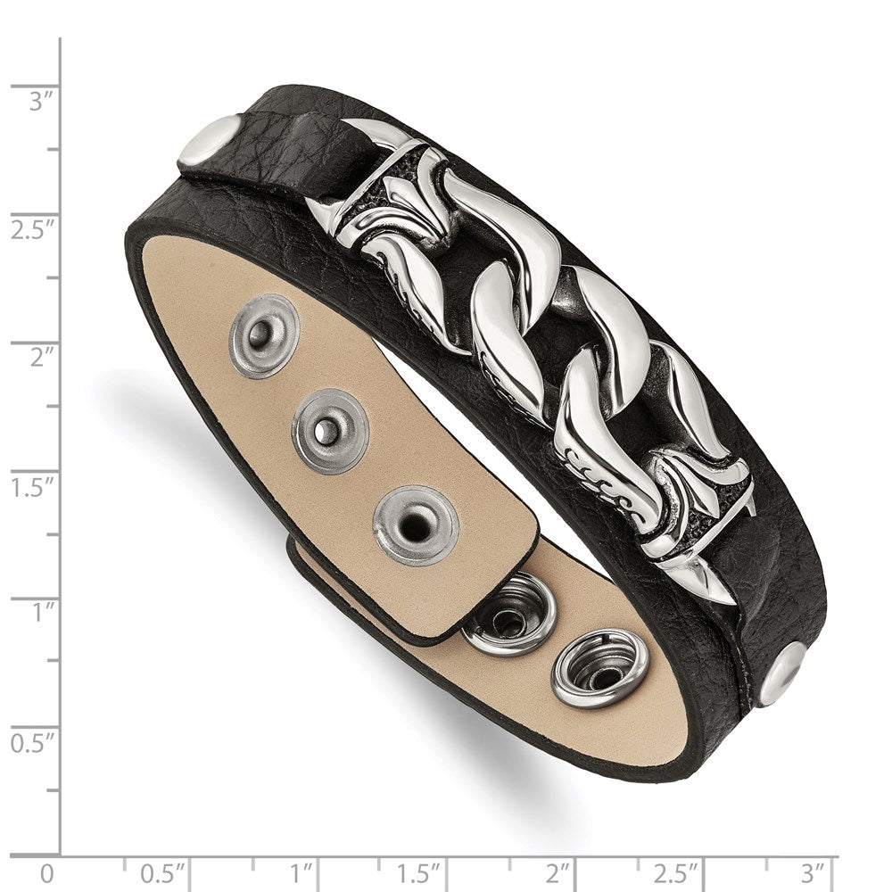8.5 Zoll Edelstahl Schwarz Leder mit Antikisiert Kette 8.5 Zoll Armband