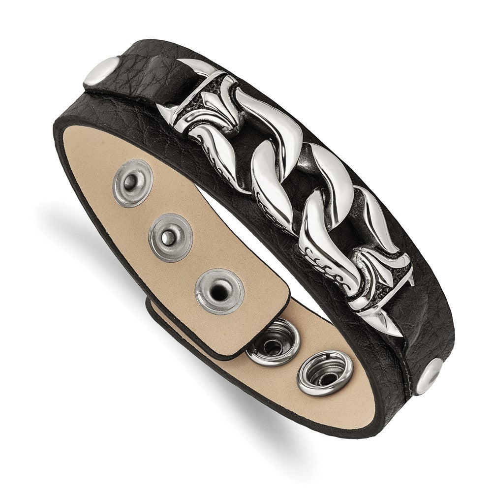 8.5 Zoll Edelstahl Schwarz Leder mit Antikisiert Kette 8.5 Zoll Armband