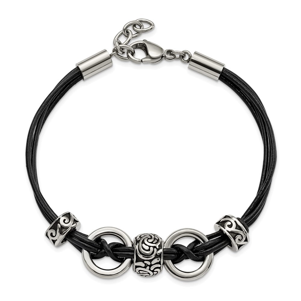 8.25 Zoll Edelstahl Antikisiert und Poliert Leder 8.25 Zoll mit 1 Zoll Verlängerung Armband