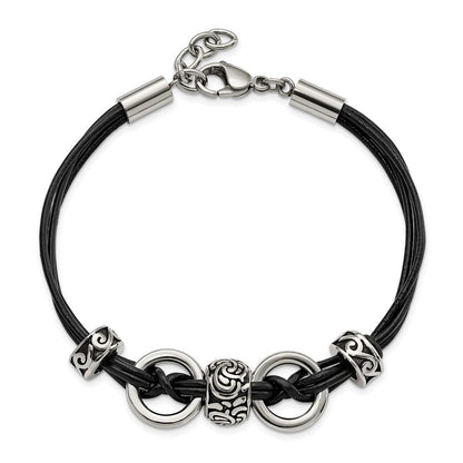 8.25 Zoll Edelstahl Antikisiert und Poliert Leder 8.25 Zoll mit 1 Zoll Verlängerung Armband