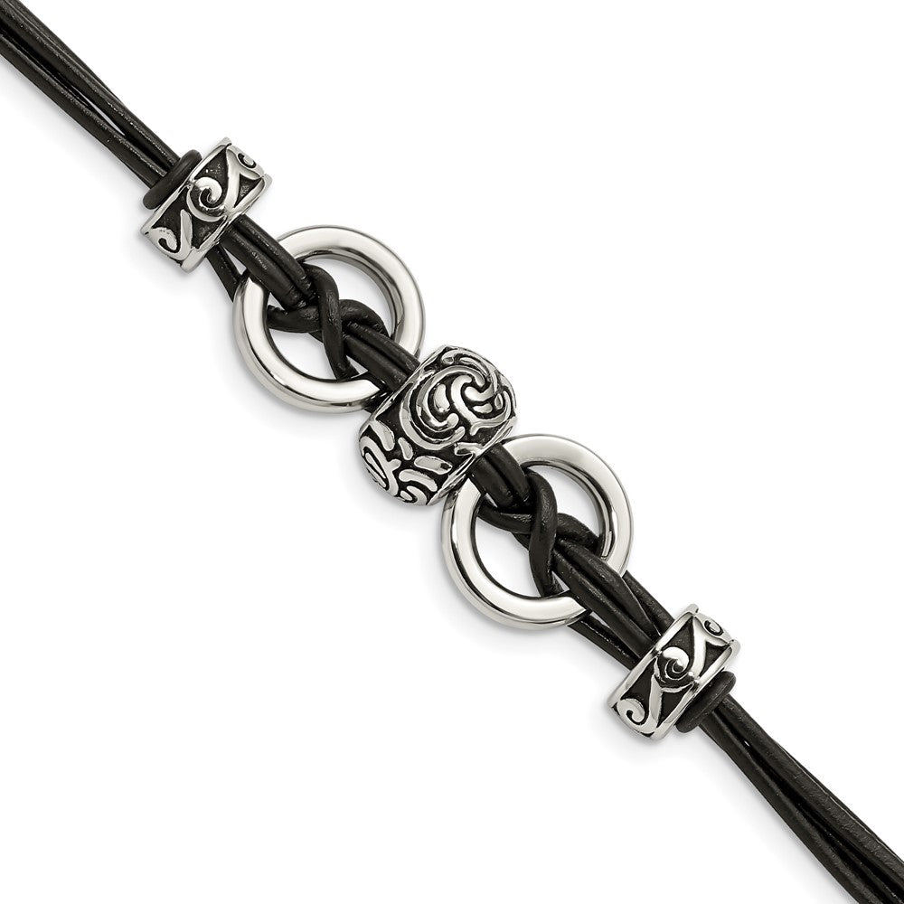 8.25 Zoll Edelstahl Antikisiert und Poliert Leder 8.25 Zoll mit 1 Zoll Verlängerung Armband