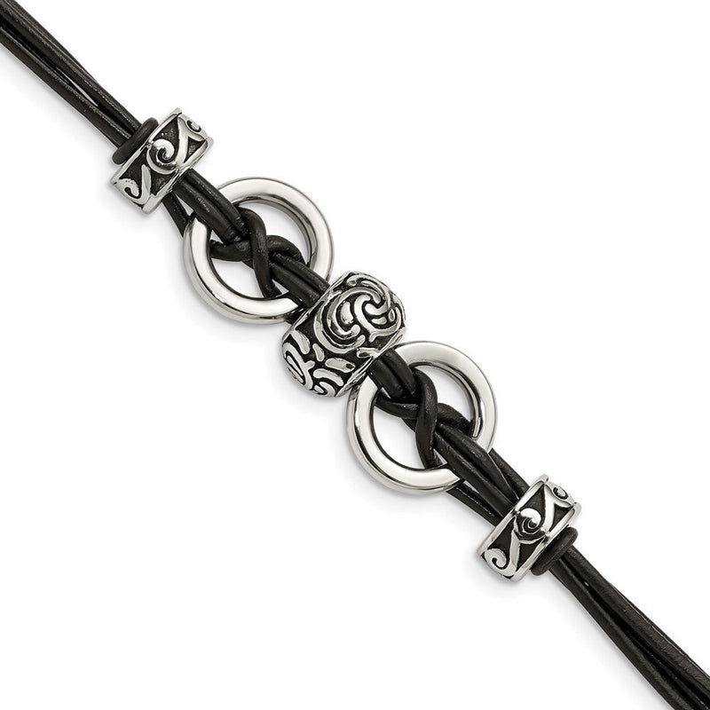 8.25 Zoll Edelstahl Antikisiert und Poliert Leder 8.25 Zoll mit 1 Zoll Verlängerung Armband