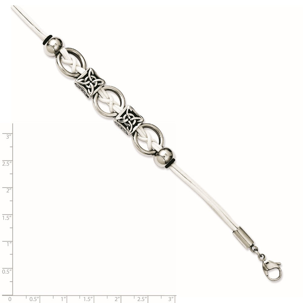 8.25 Zoll Edelstahl Weiß Leder mit Antikisiert Perlen 8.25 Zoll mit Verlängerung Armband