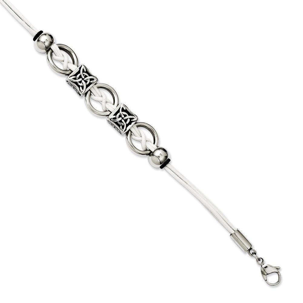 8.25 Zoll Edelstahl Weiß Leder mit Antikisiert Perlen 8.25 Zoll mit Verlängerung Armband