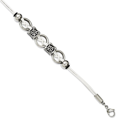 8.25 Zoll Edelstahl Weiß Leder mit Antikisiert Perlen 8.25 Zoll mit Verlängerung Armband