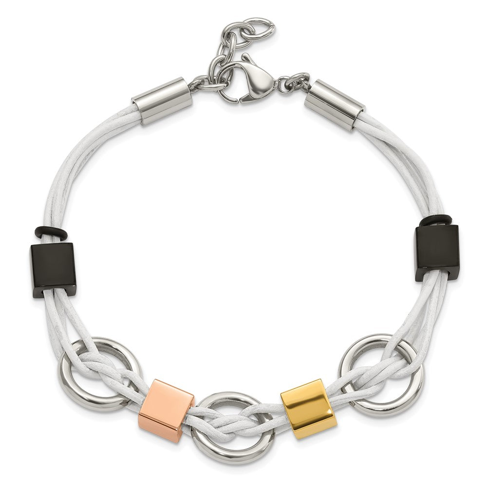 9 Zoll Edelstahl Multi Ip-beschichtet Perlen & Weiß Leder Mit.75 Zoll Verlängerung Armband