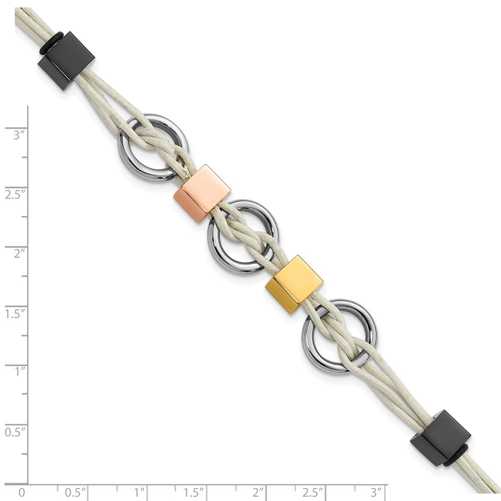 9 Zoll Edelstahl Multi Ip-beschichtet Perlen & Weiß Leder Mit.75 Zoll Verlängerung Armband