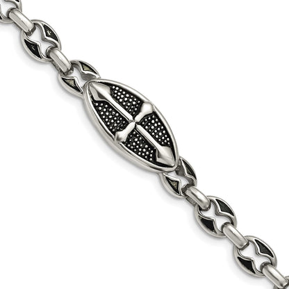 9 Zoll Edelstahl Antikisiert Strukturiert und Poliert Kreuz 9 Zoll Knebel Armband