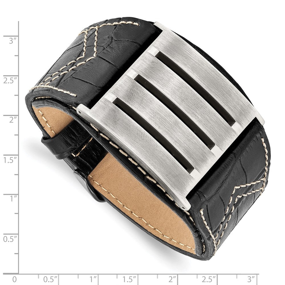 9 Zoll Edelstahl Gebürstet Schwarz Leder Verstellbar Schnalle 9 Zoll Armband