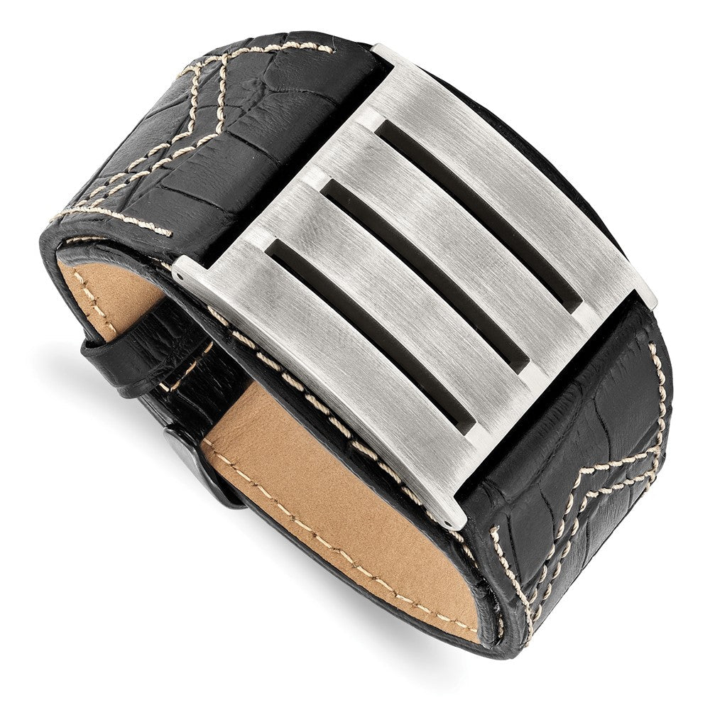 9 Zoll Edelstahl Gebürstet Schwarz Leder Verstellbar Schnalle 9 Zoll Armband