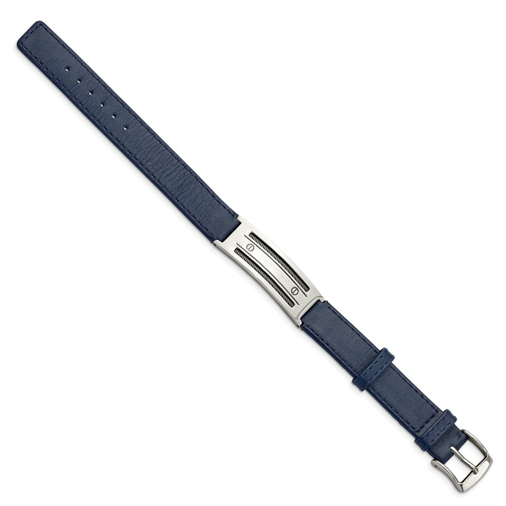 8.25 Zoll Edelstahl Poliert Blau Leder mit Draht Verstellbar Schnalle Armband