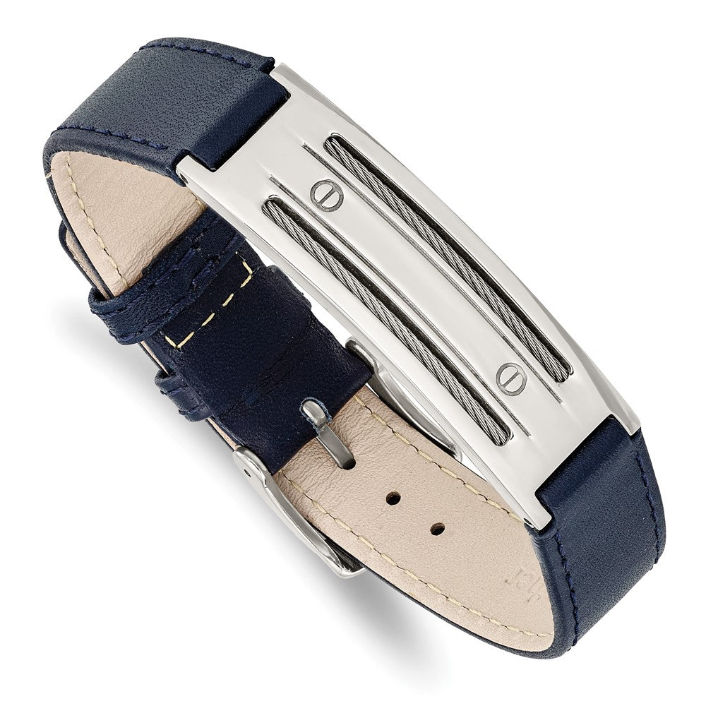 8.25 Zoll Edelstahl Poliert Blau Leder mit Draht Verstellbar Schnalle Armband