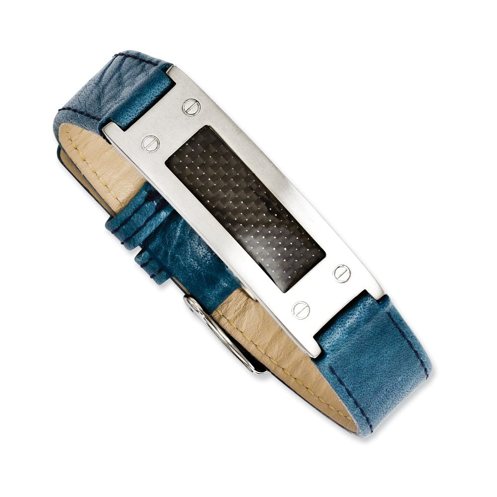 8 Zoll Edelstahl Strukturiert Blau Leder mit Karbon Faser Einlage Schnalle Armband