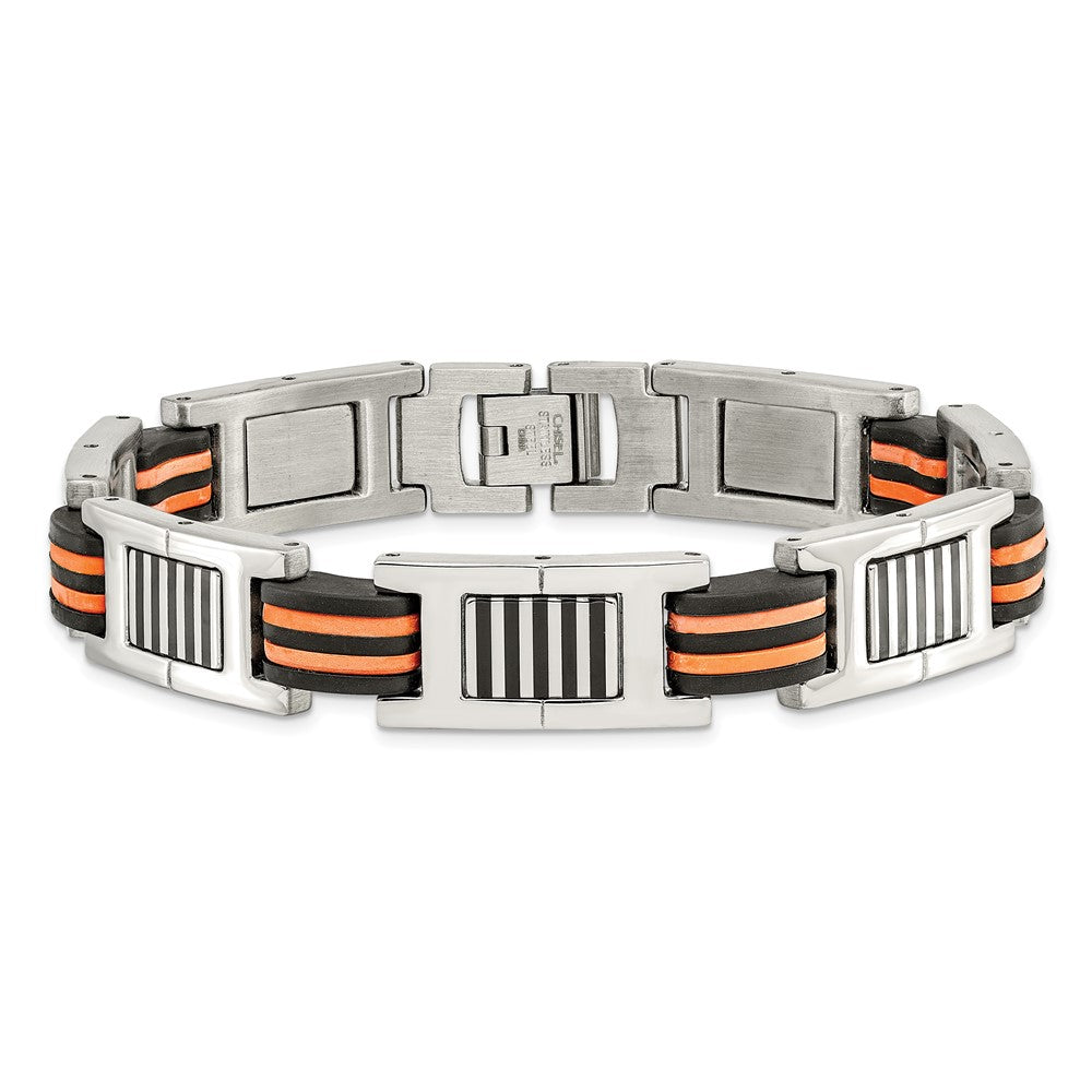 Edelstahl Chisel Poliert mit Schwarz und Orange Gummi 8.5 Zoll Glieder Armband