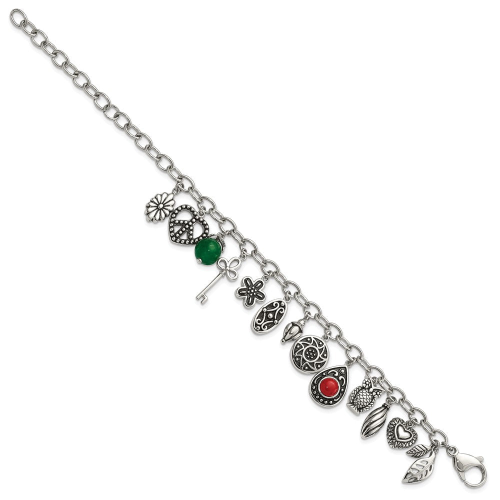 9 Zoll Edelstahl Poliert & Antikisiert Synthetisch Jade Rot Glas mit 2 Zoll Verlängerung. Charm Armband