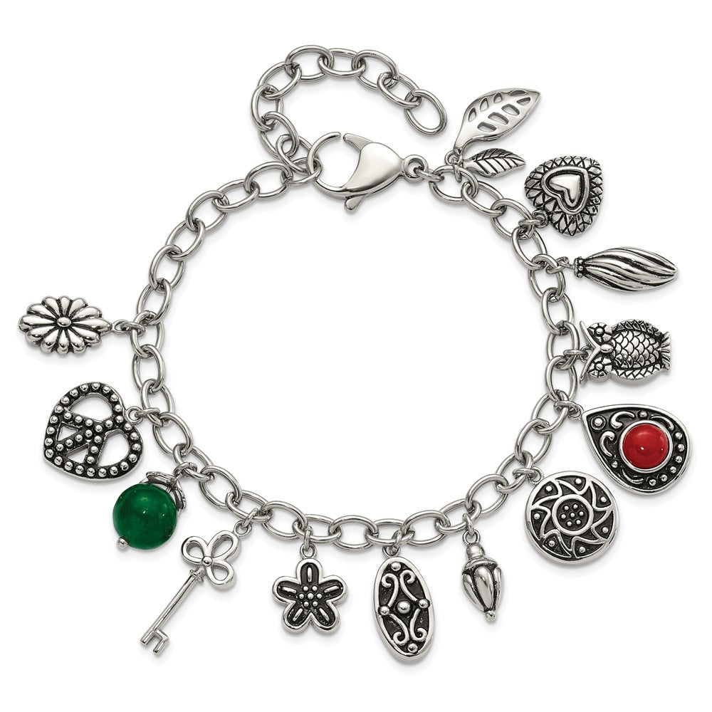 9 Zoll Edelstahl Poliert & Antikisiert Synthetisch Jade Rot Glas mit 2 Zoll Verlängerung. Charm Armband
