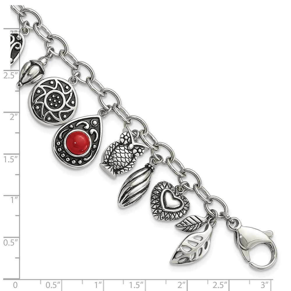 9 Zoll Edelstahl Poliert & Antikisiert Synthetisch Jade Rot Glas mit 2 Zoll Verlängerung. Charm Armband