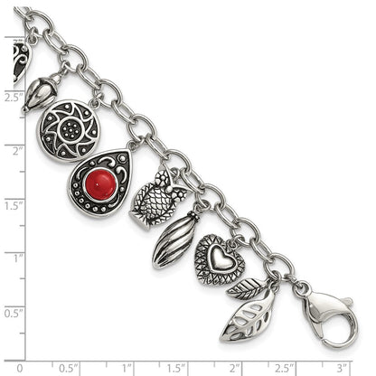 9 Zoll Edelstahl Poliert & Antikisiert Synthetisch Jade Rot Glas mit 2 Zoll Verlängerung. Charm Armband