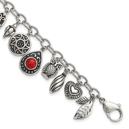 9 Zoll Edelstahl Poliert & Antikisiert Synthetisch Jade Rot Glas mit 2 Zoll Verlängerung. Charm Armband