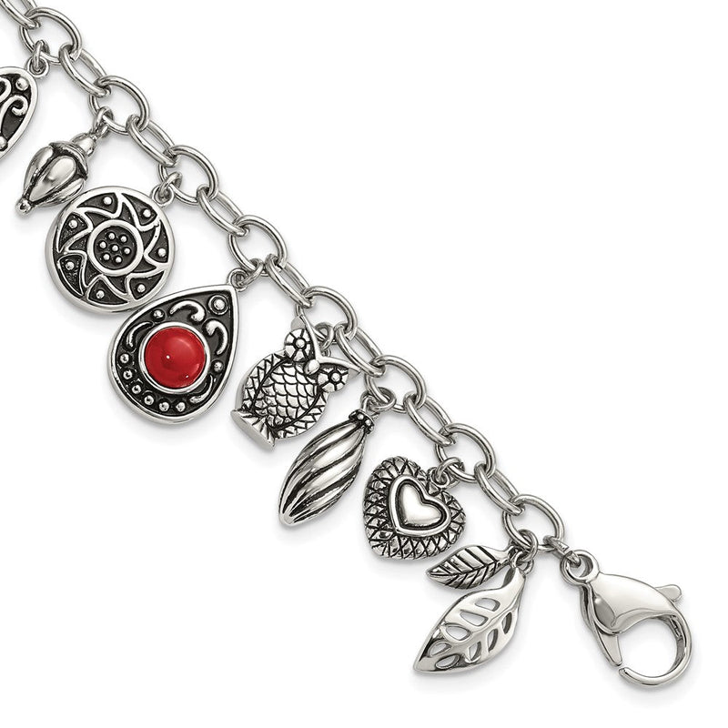 9 Zoll Edelstahl Poliert & Antikisiert Synthetisch Jade Rot Glas mit 2 Zoll Verlängerung. Charm Armband