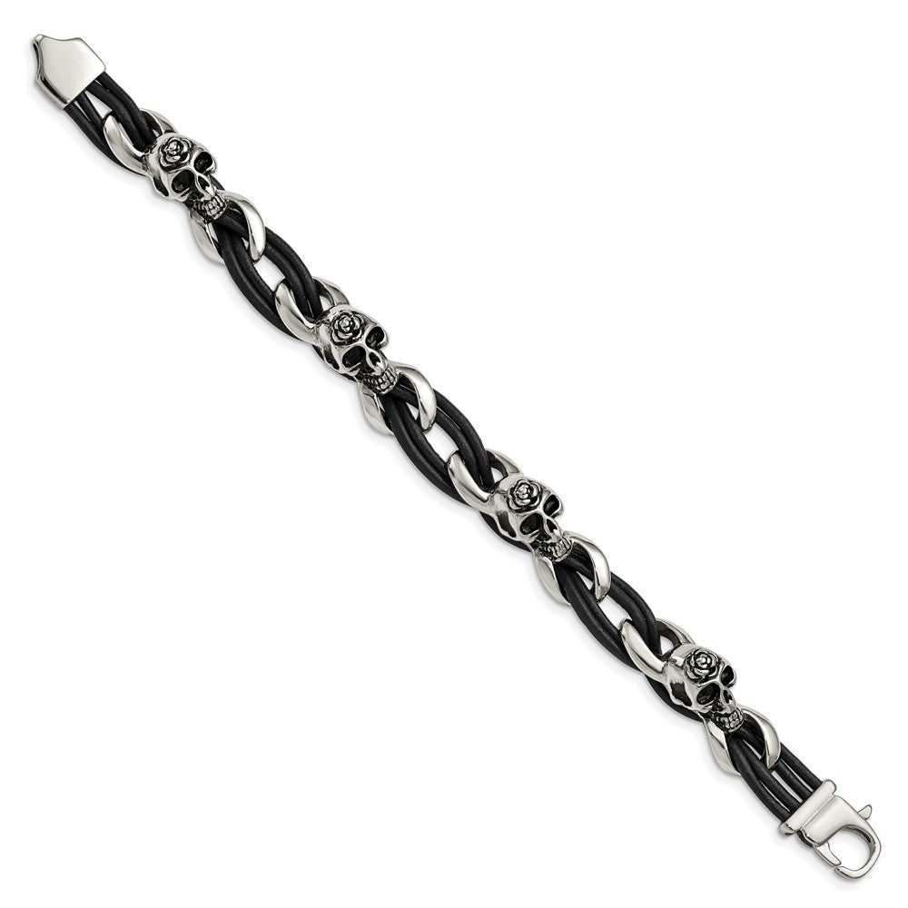 Edelstahl Chisel Antikisiert und Poliert Skulls mit Roses Schwarz Leder 8 Zoll Armband
