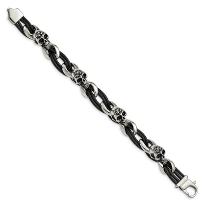 Edelstahl Chisel Antikisiert und Poliert Skulls mit Roses Schwarz Leder 8 Zoll Armband