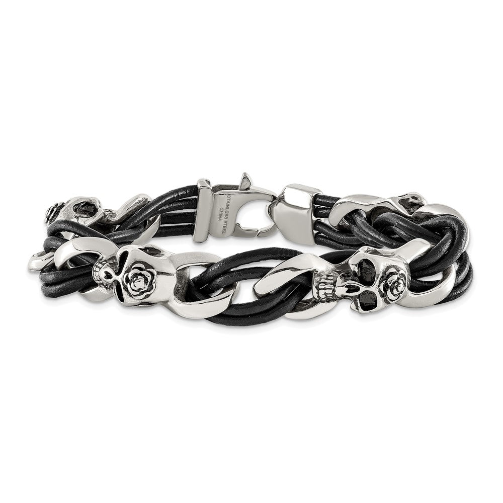Edelstahl Chisel Antikisiert und Poliert Skulls mit Roses Schwarz Leder 8 Zoll Armband
